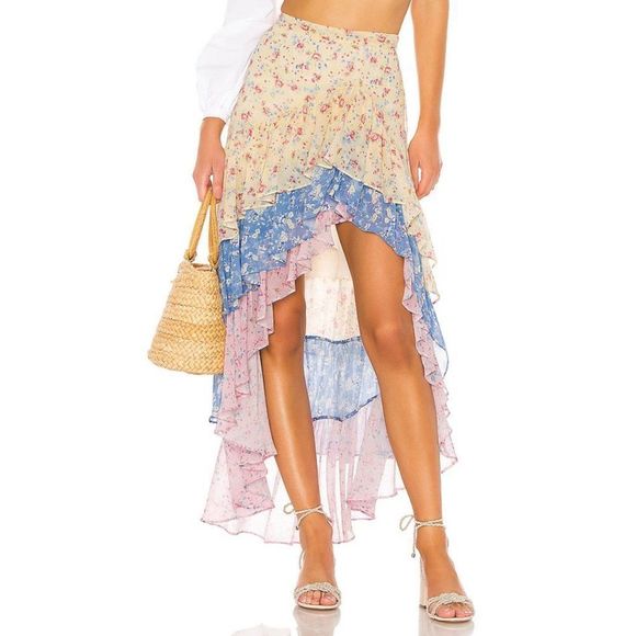 LoveShackFancy Lisette Asymmetric Silk Tiered Ruffle Maxi Skirt - Size 10 - Picture 2 of 14